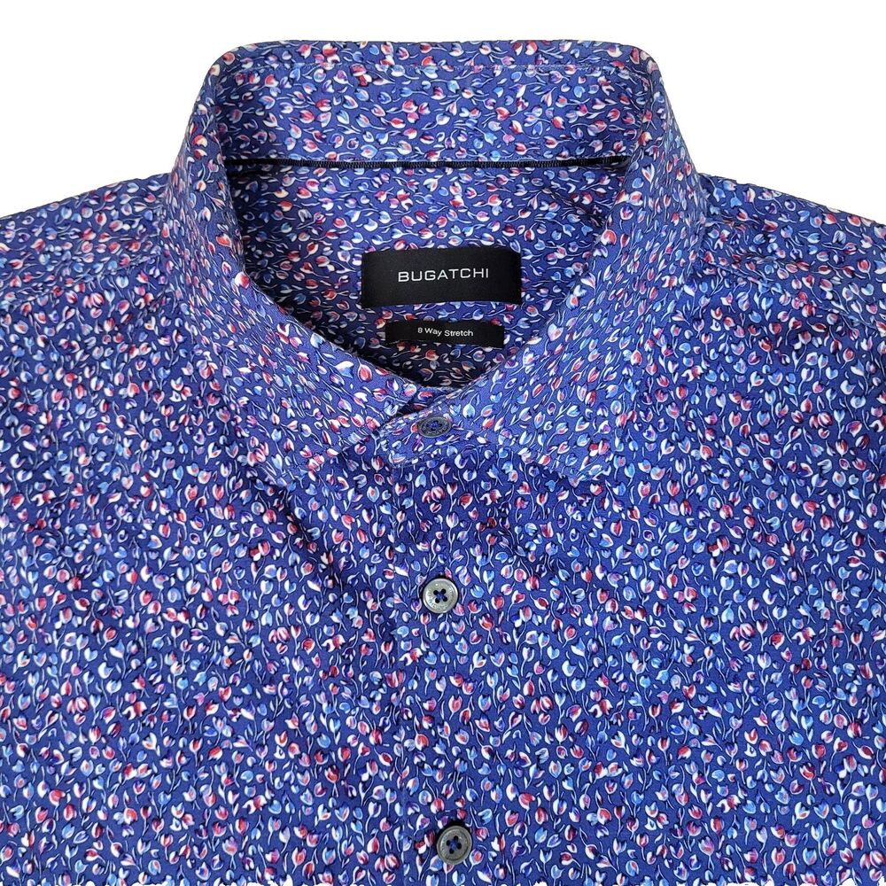BUGATCHI Shirt Mens XL 8 Way Stretch Blue Floral Stretch Button Up Short Sleeve